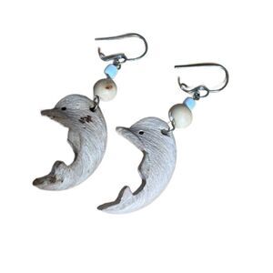 Vintage Brazilian Wooden Dolphin Earrings with Beads (Purchased in Brazil)